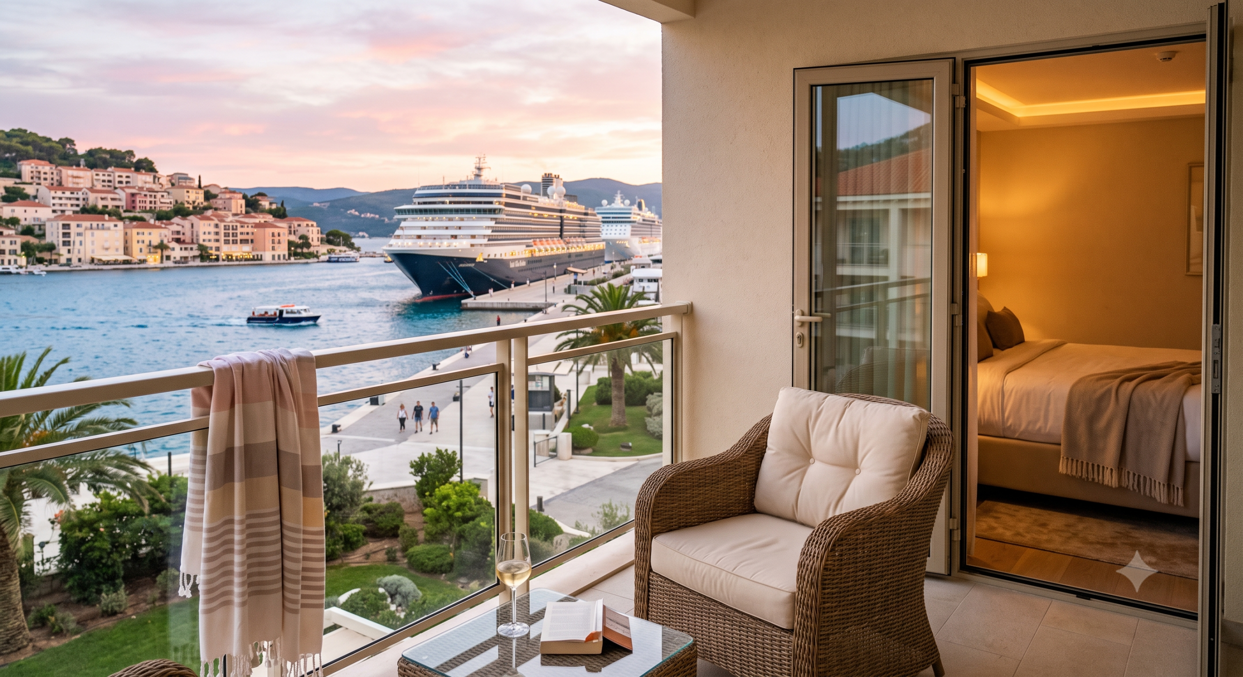 Cruise ship viewed from a resort balcony
